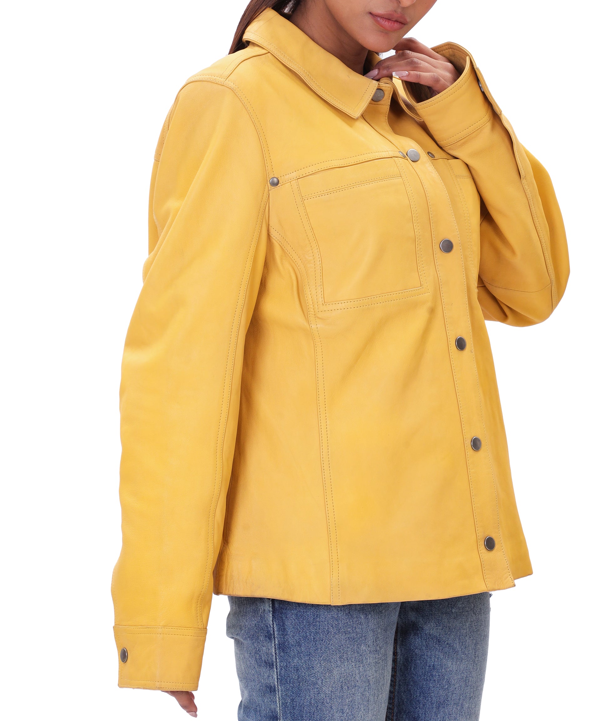 Button Front Lambskin Leather Blazer (Yellow)
