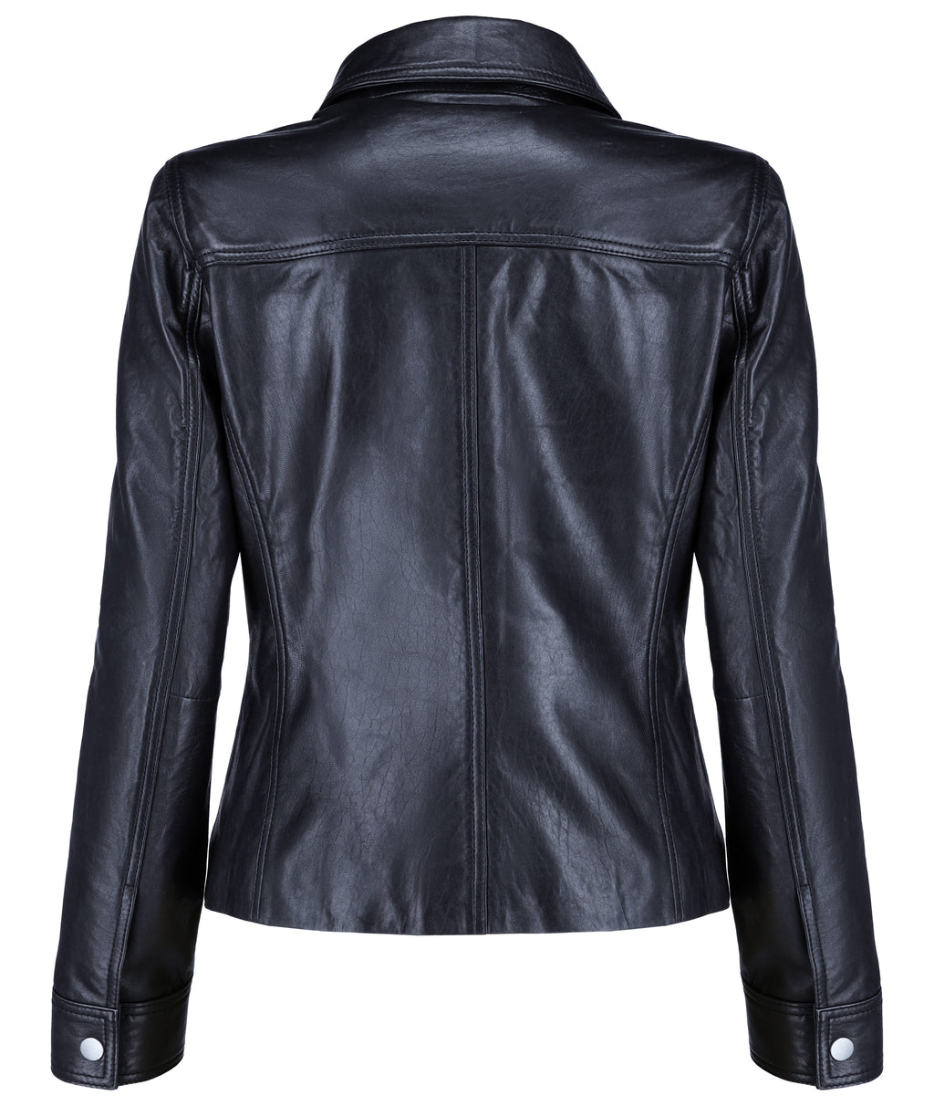 Button Front Lambskin Leather Blazer (Black)