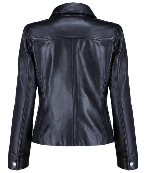Button Front Lambskin Leather Blazer (Black)