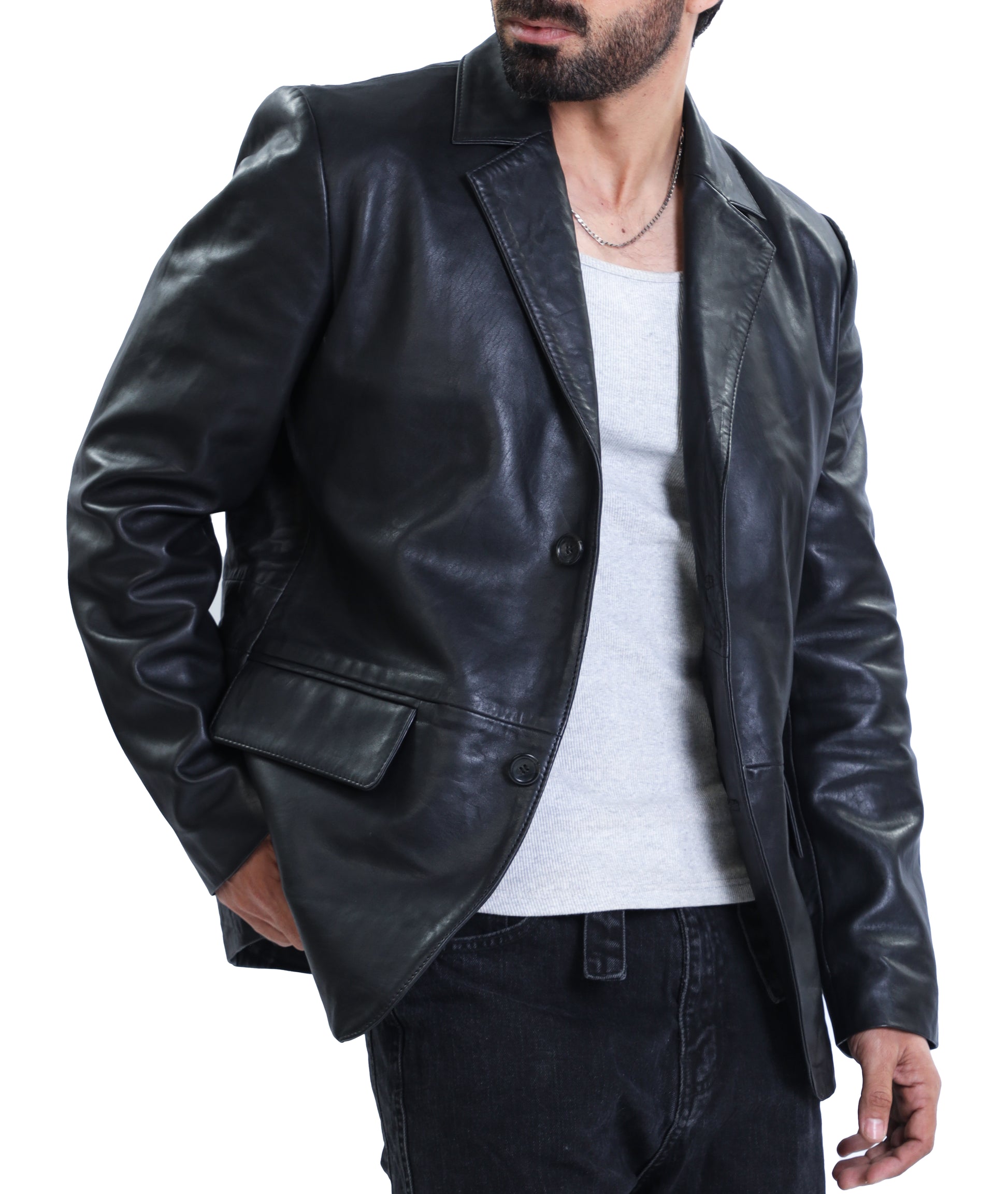 Notched Collar Classic Bond’s Style Ultimate Leather Blazer (Black)