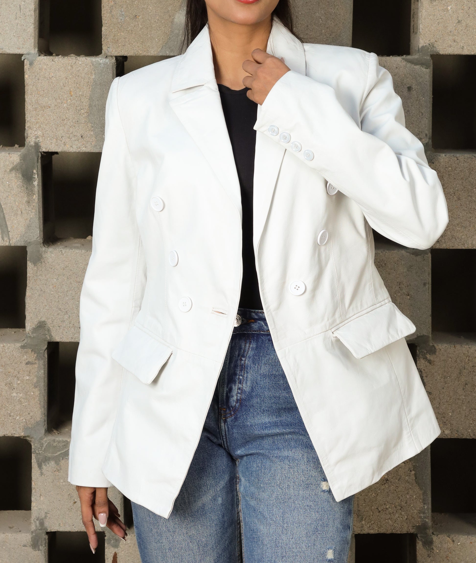 Double Breasted Fancy Buttons Lambskin Leather Blazer (White)