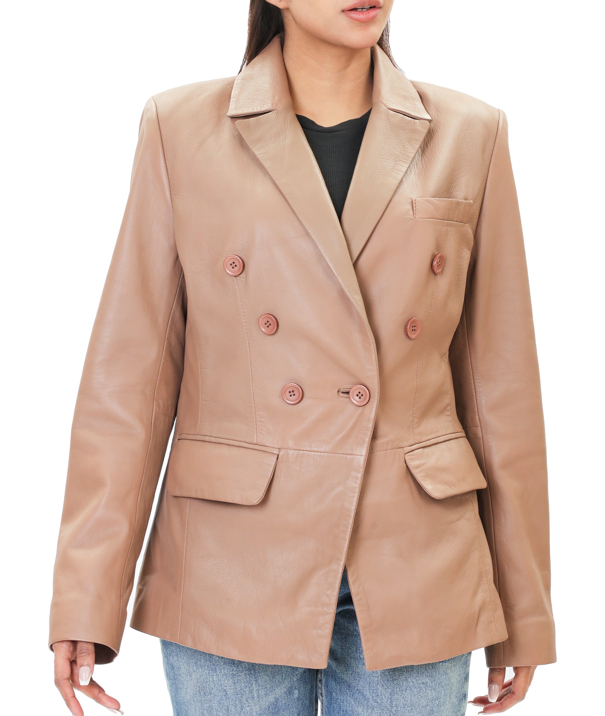 Double Breasted Fancy Buttons Lambskin Leather Blazer (Tan)