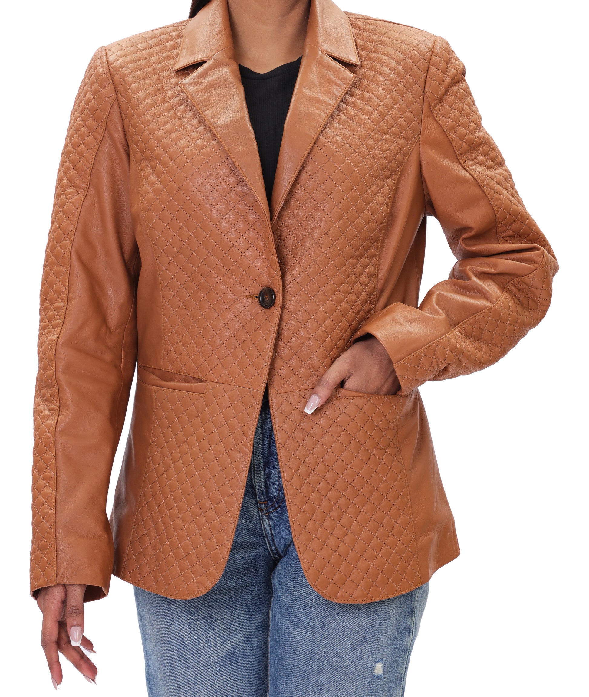 Quilted Front Lambskin Leather Blazer (Cognac)