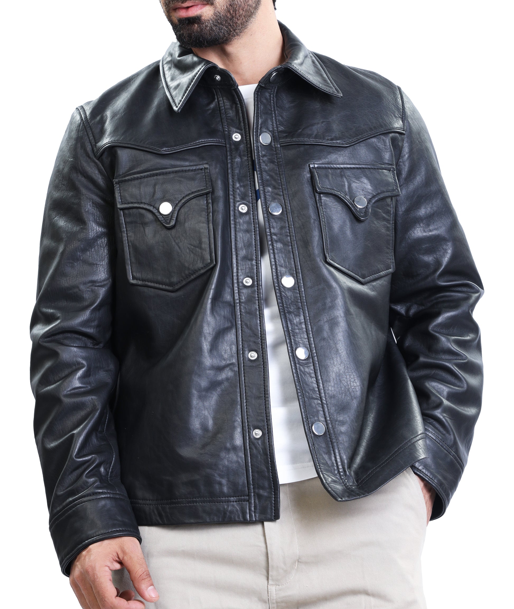 Leather Shirt - Lambskin Leather Blazer Men (Black)