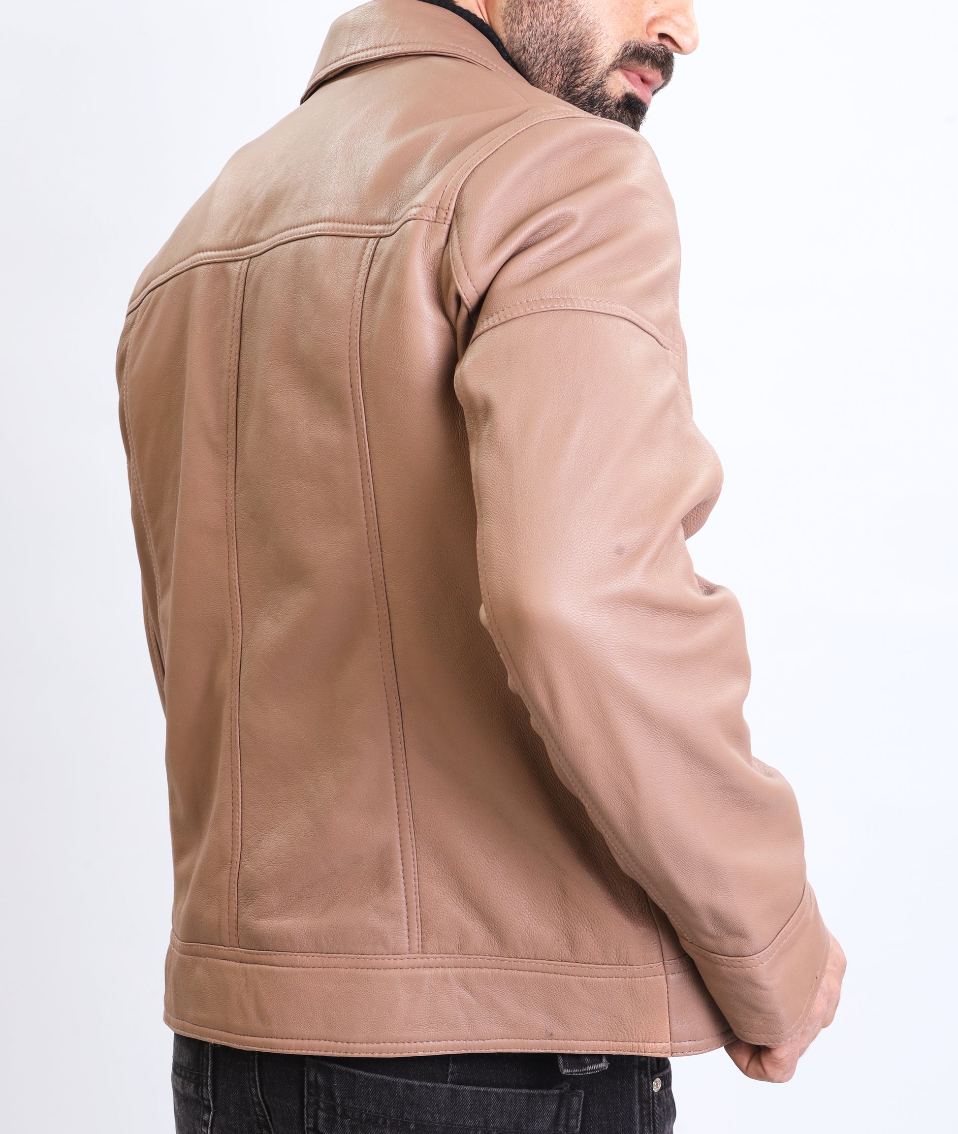 Polo Collar Premium Leather Jacket (Tan)