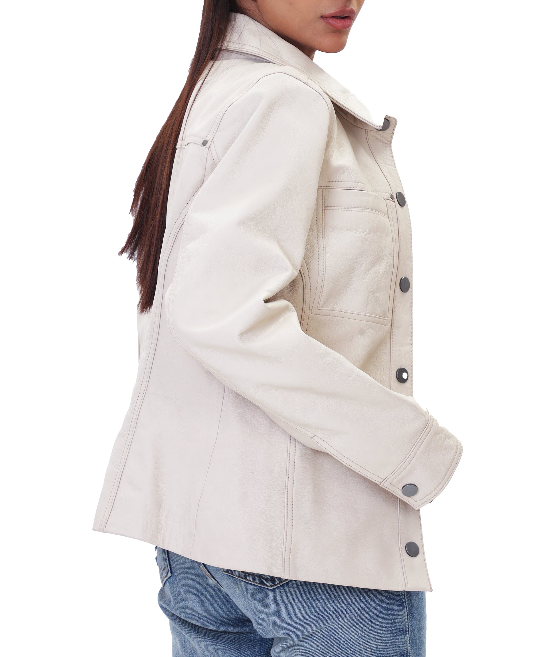 Button Front Lambskin Leather Blazer (Ash White)
