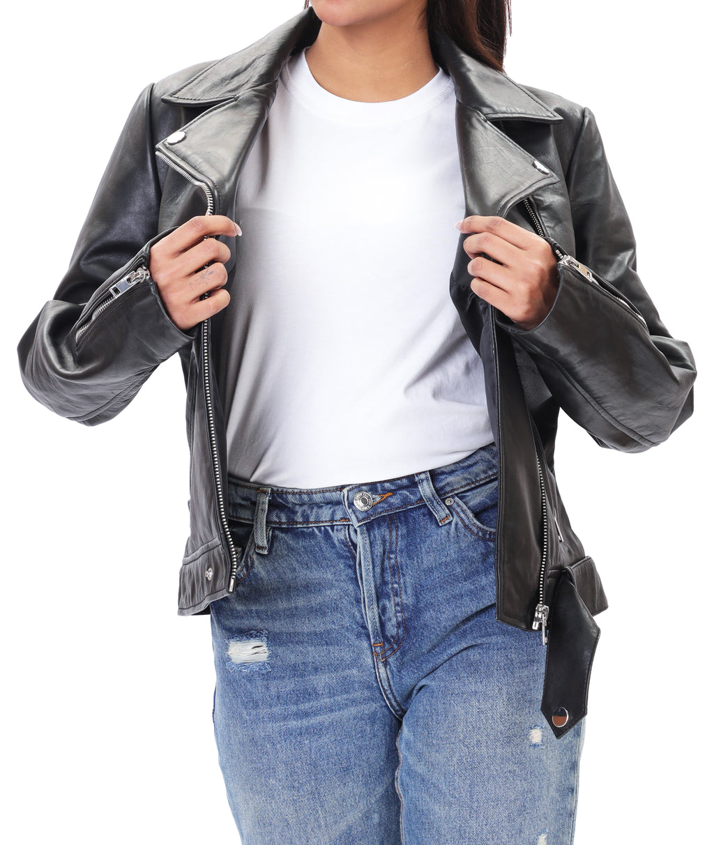 Biker Style Vintage Leather Jacket Women | Zipper (Black)