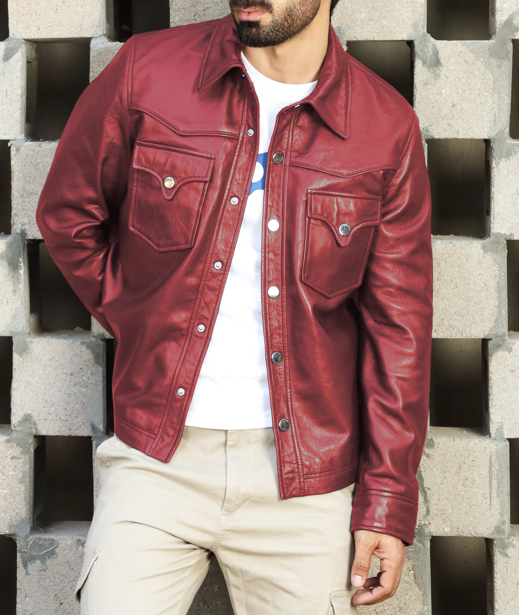 Leather Shirt - Lambskin Leather Blazer Men (Burgundy)