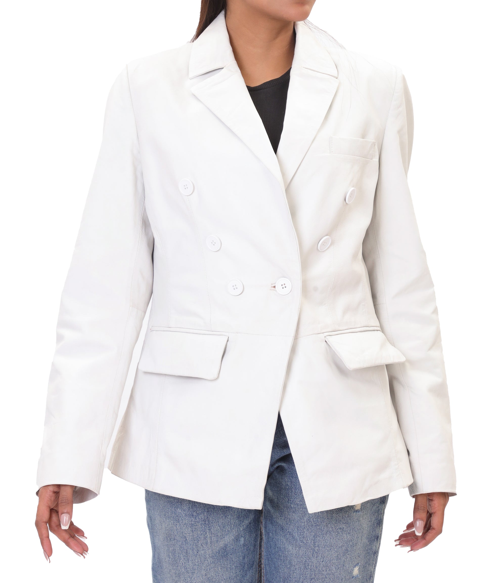 Double Breasted Fancy Buttons Lambskin Leather Blazer (White)