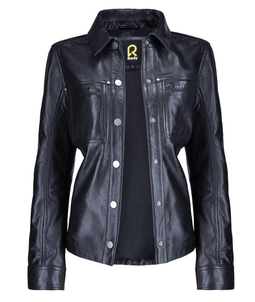 Button Front Lambskin Leather Blazer (Black)