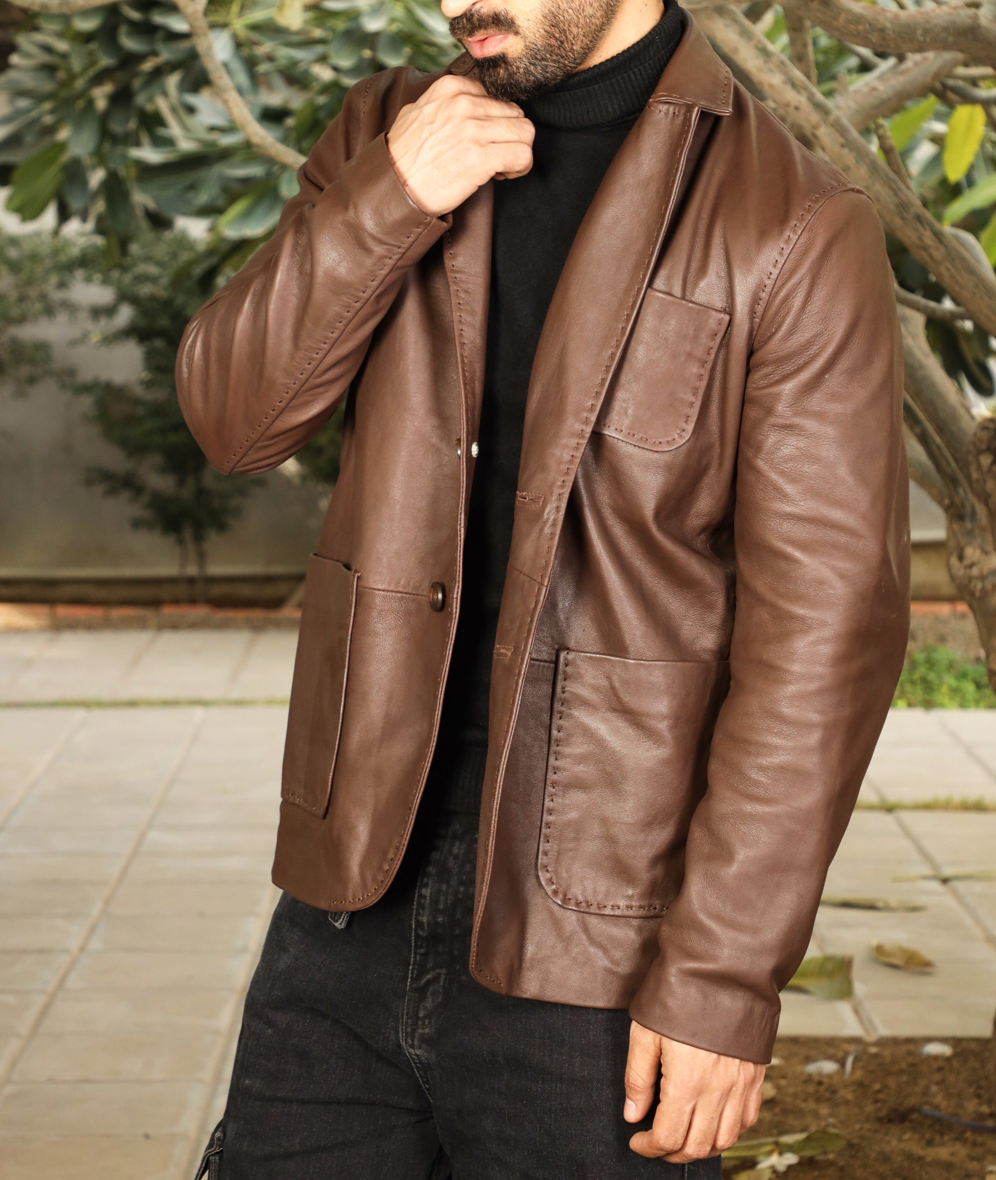 Lambskin Leather Blazer Men Casual Coat (Brown)