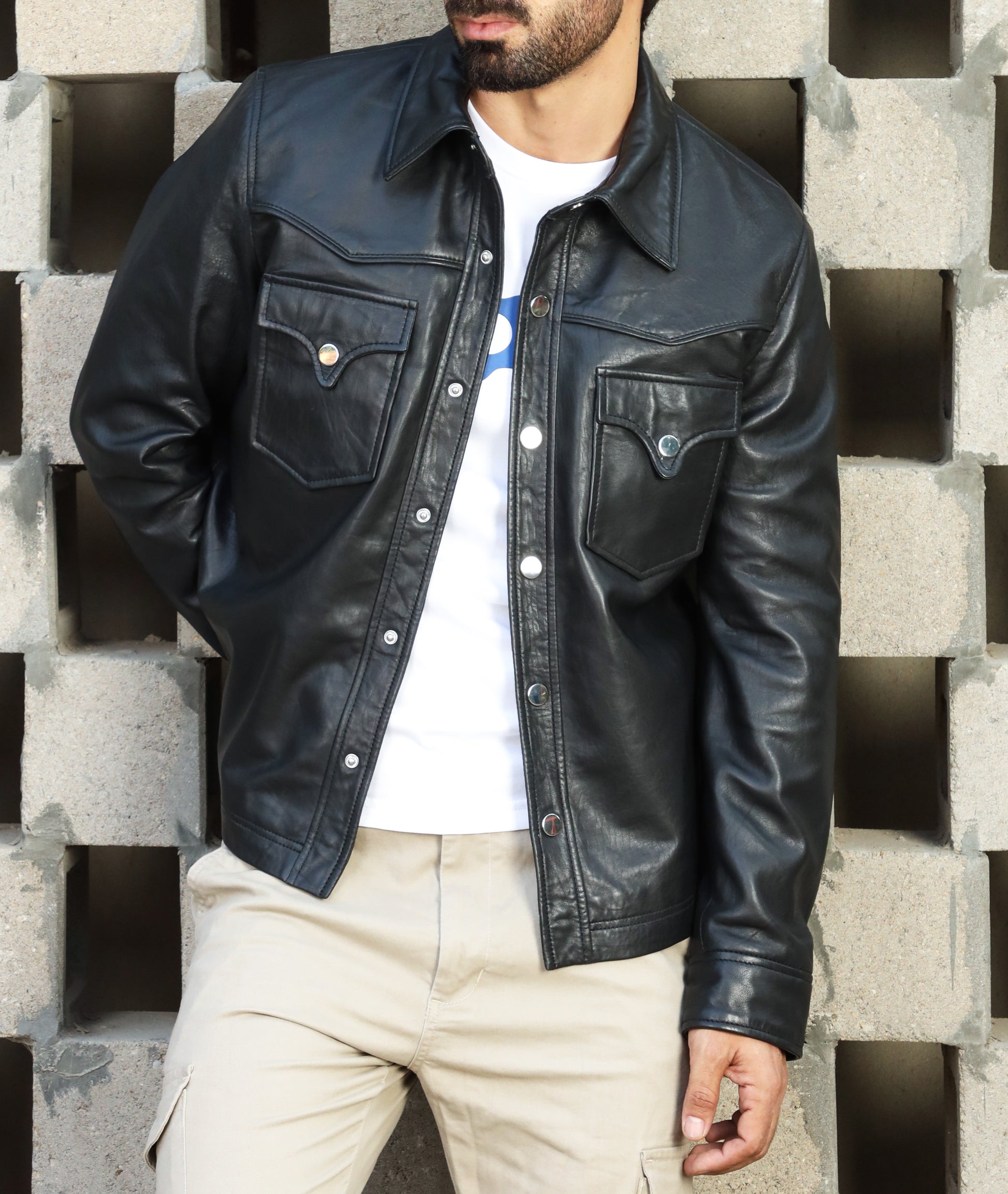 Leather Shirt - Lambskin Leather Blazer Men (Black)