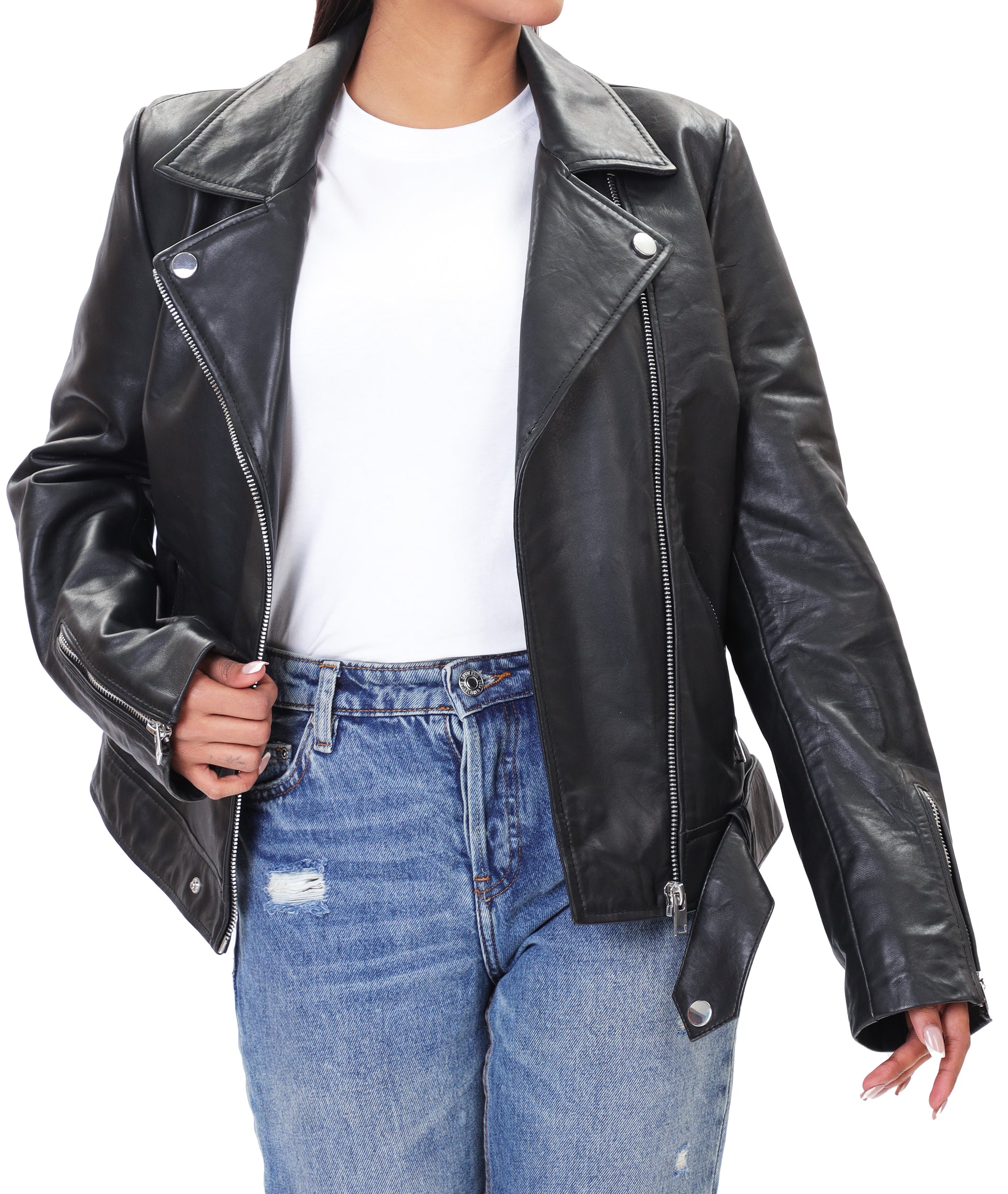 Biker Style Vintage Leather Jacket Women | Zipper (Black)