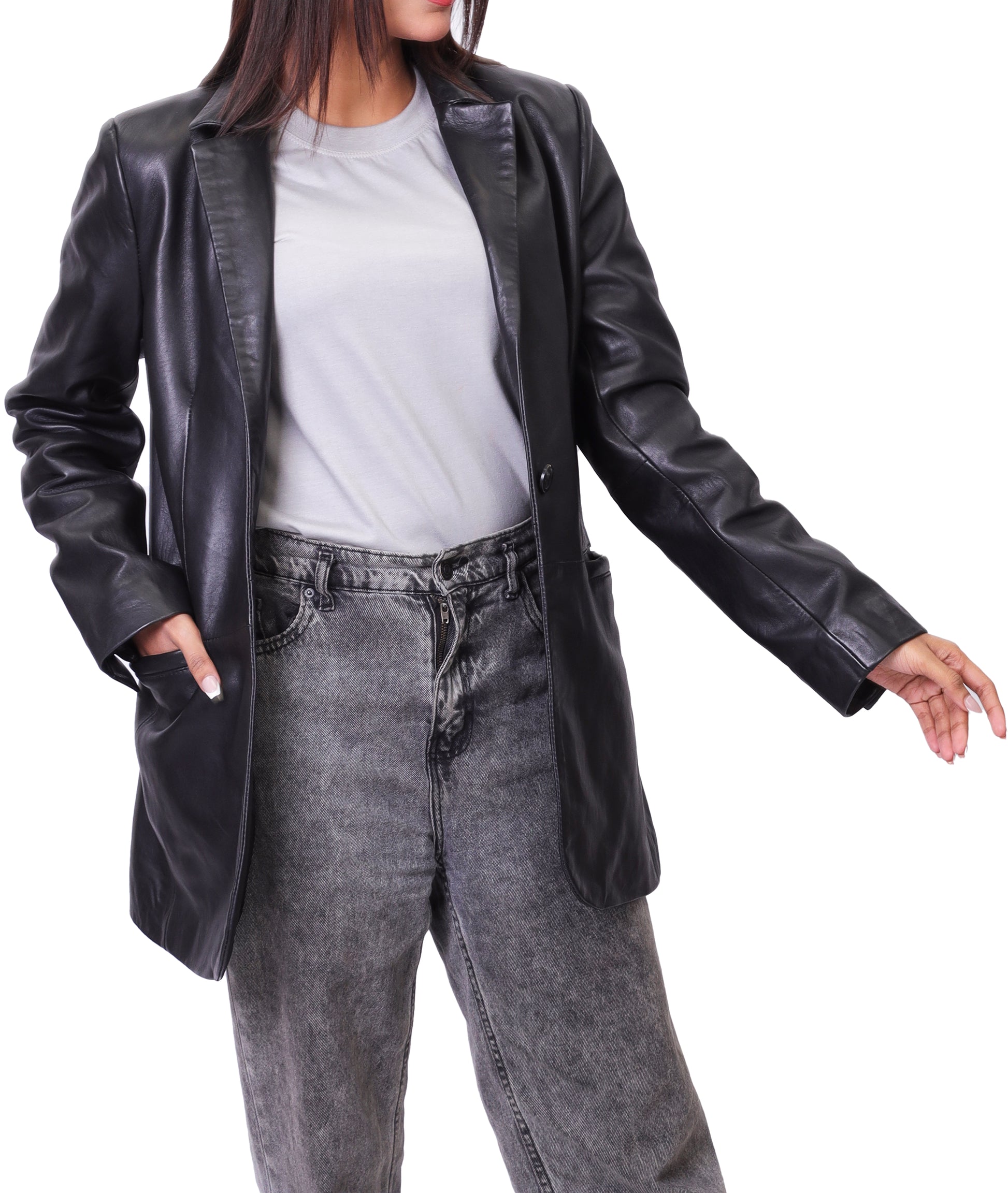 Classic 2-Button Lambskin Leather Blazer (Black)