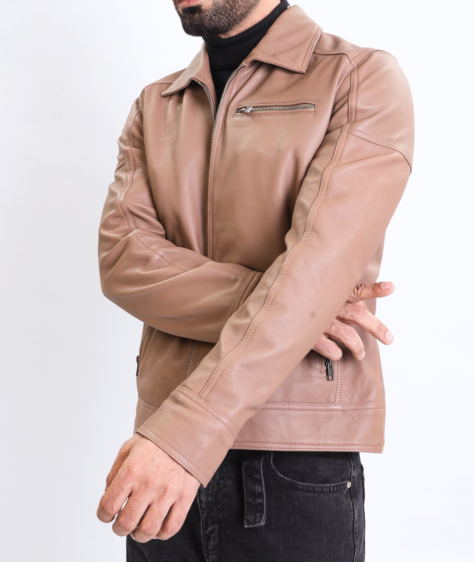 Polo Collar Premium Leather Jacket (Tan)