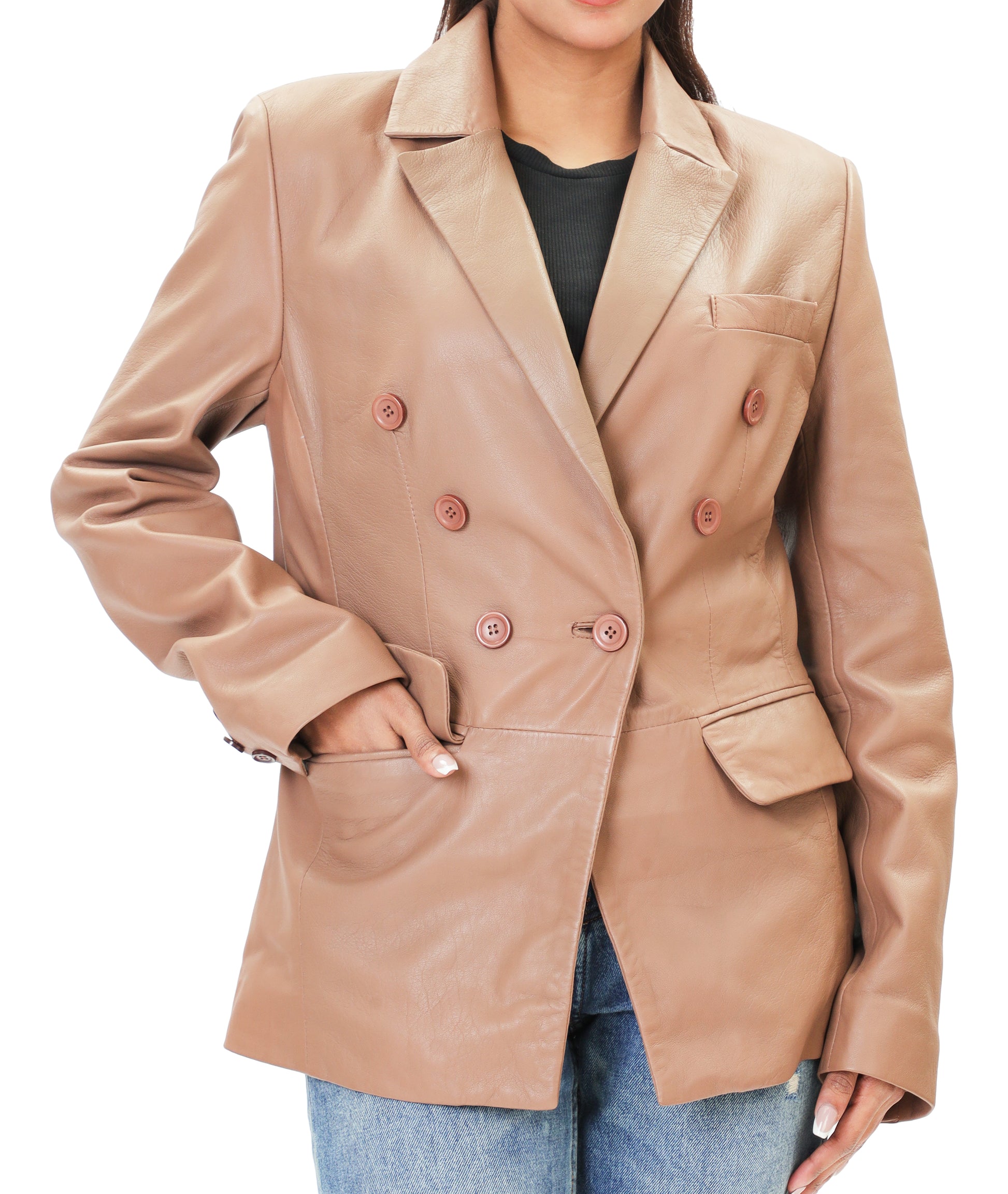 Double Breasted Fancy Buttons Lambskin Leather Blazer (Tan)