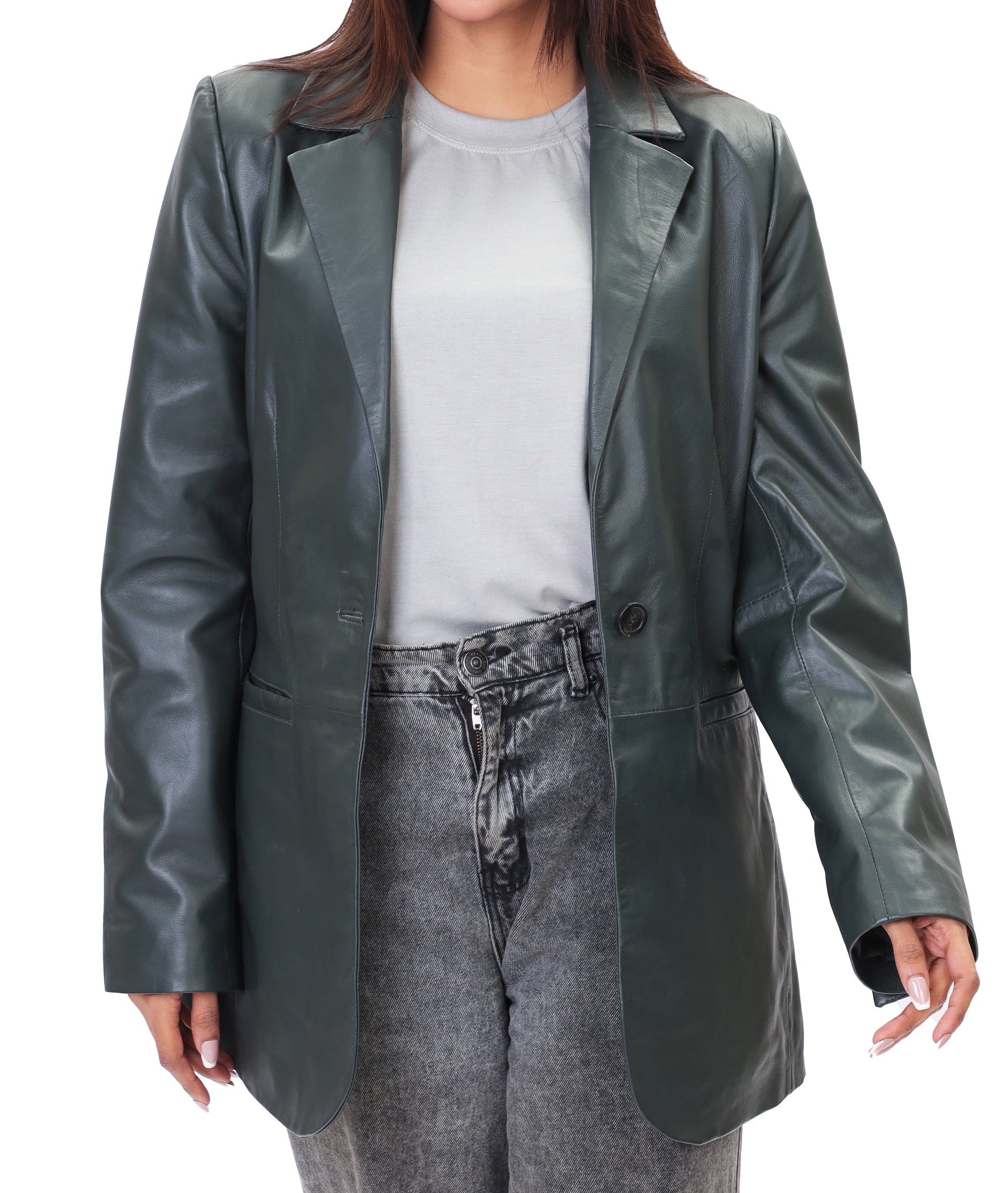 Classic 2-Button Lambskin Leather Blazer (Green)