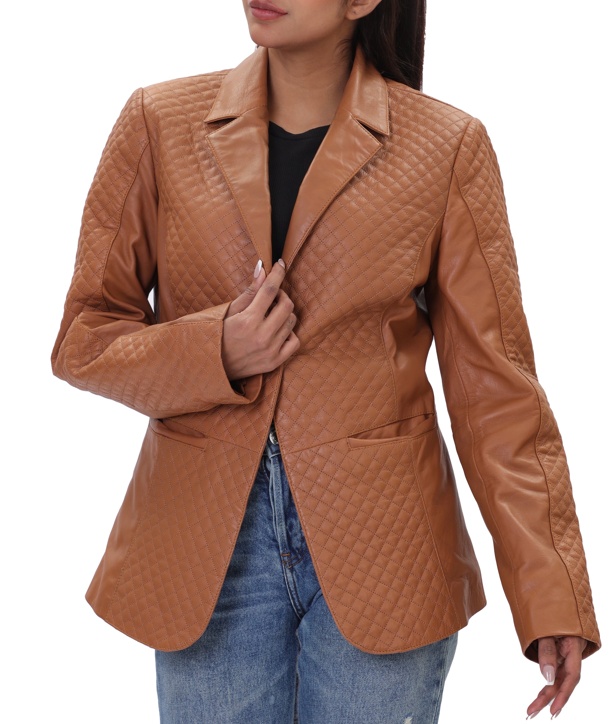 Quilted Front Lambskin Leather Blazer (Cognac)