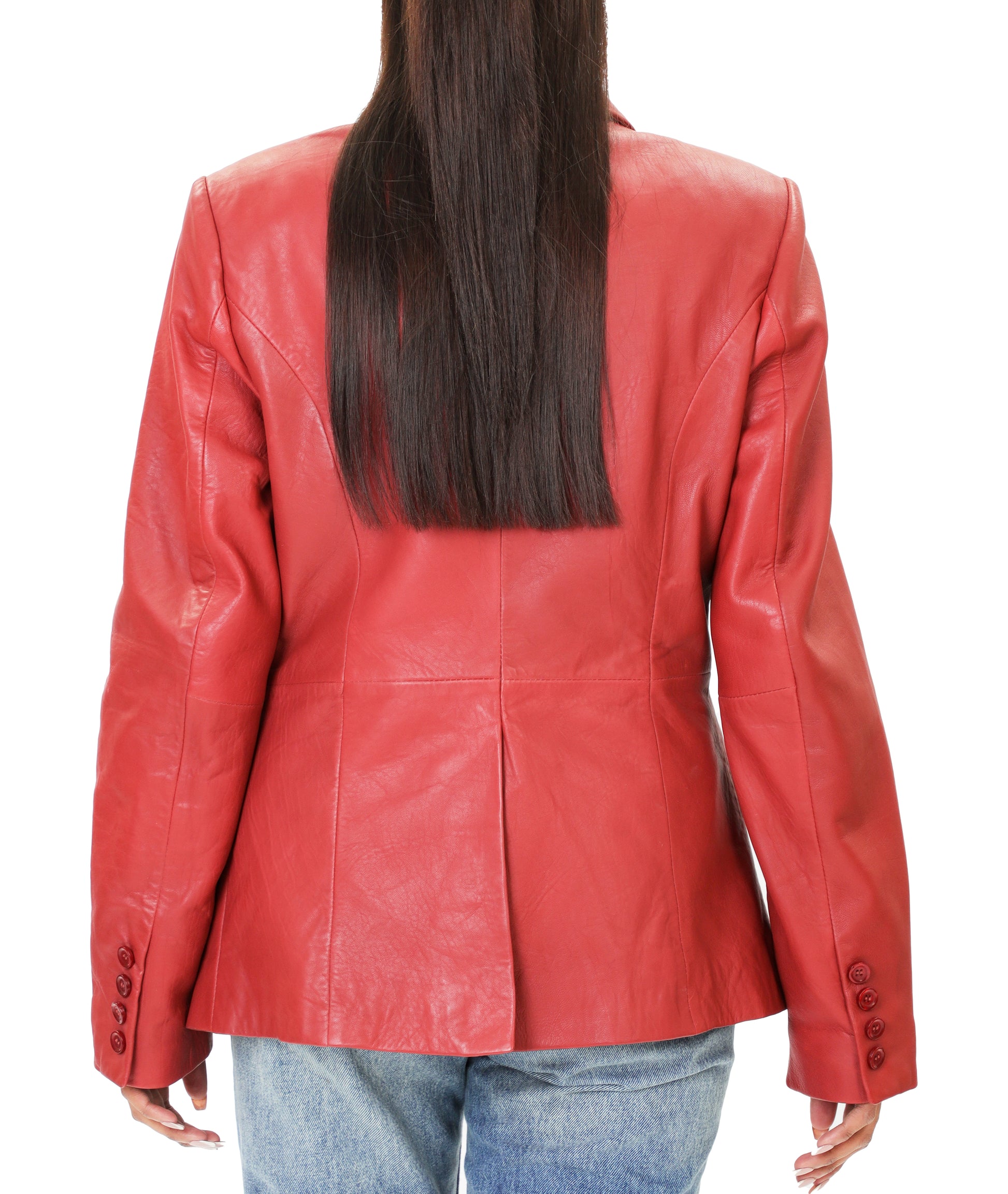 Double Breasted Fancy Buttons Lambskin Leather Blazer (Red)