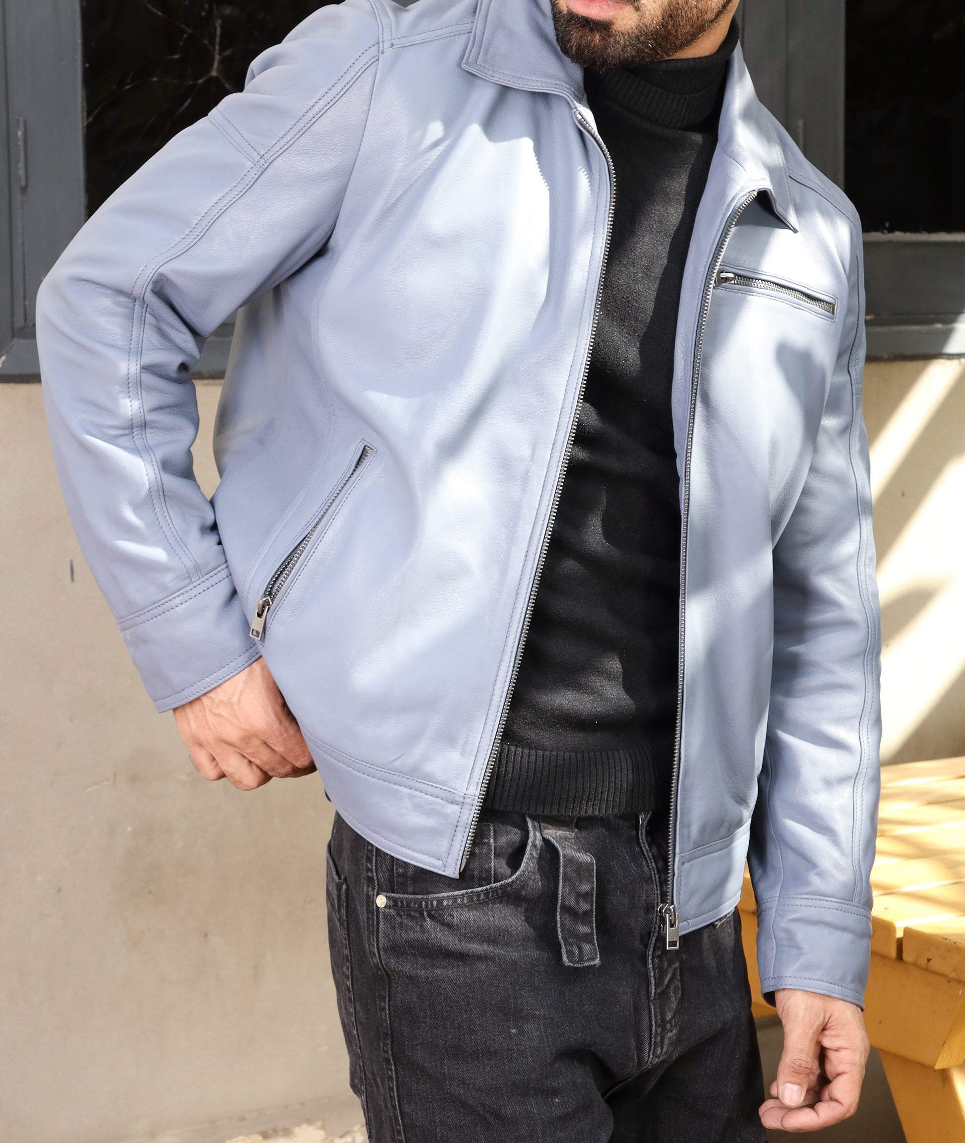 Polo Collar Premium Leather Jacket (Blue)