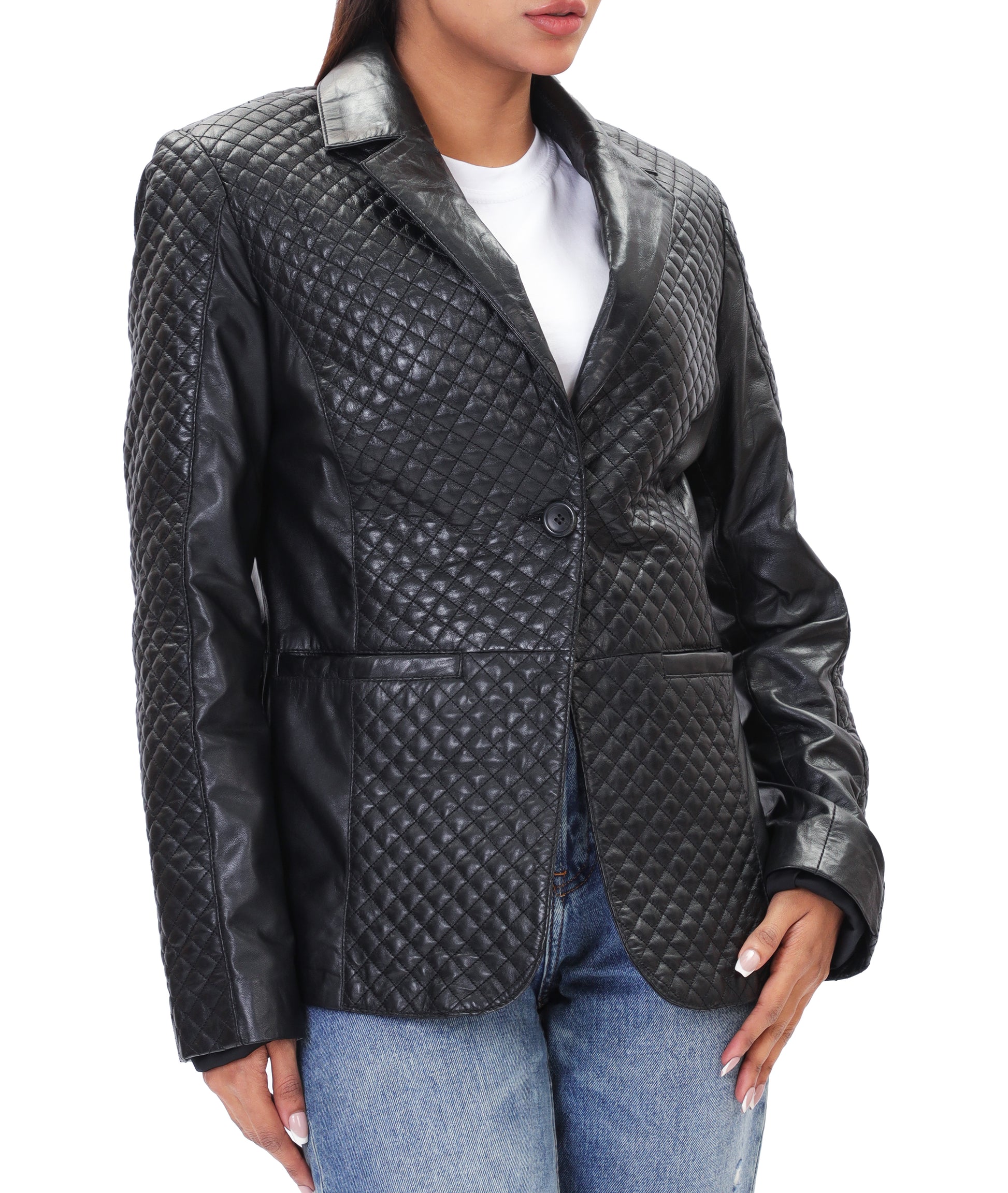 Quilted Front Lambskin Leather Blazer (Black)