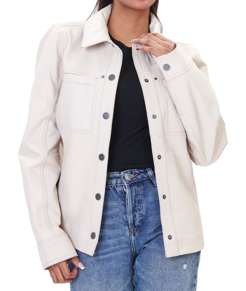 Button Front Lambskin Leather Blazer (Ash White)