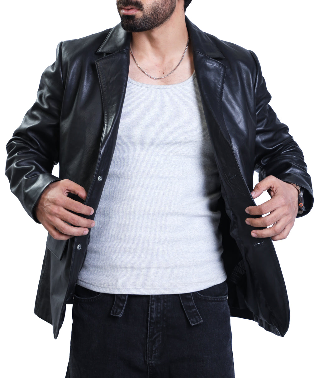 Notched Collar Classic Bond’s Style Ultimate Leather Blazer (Black)