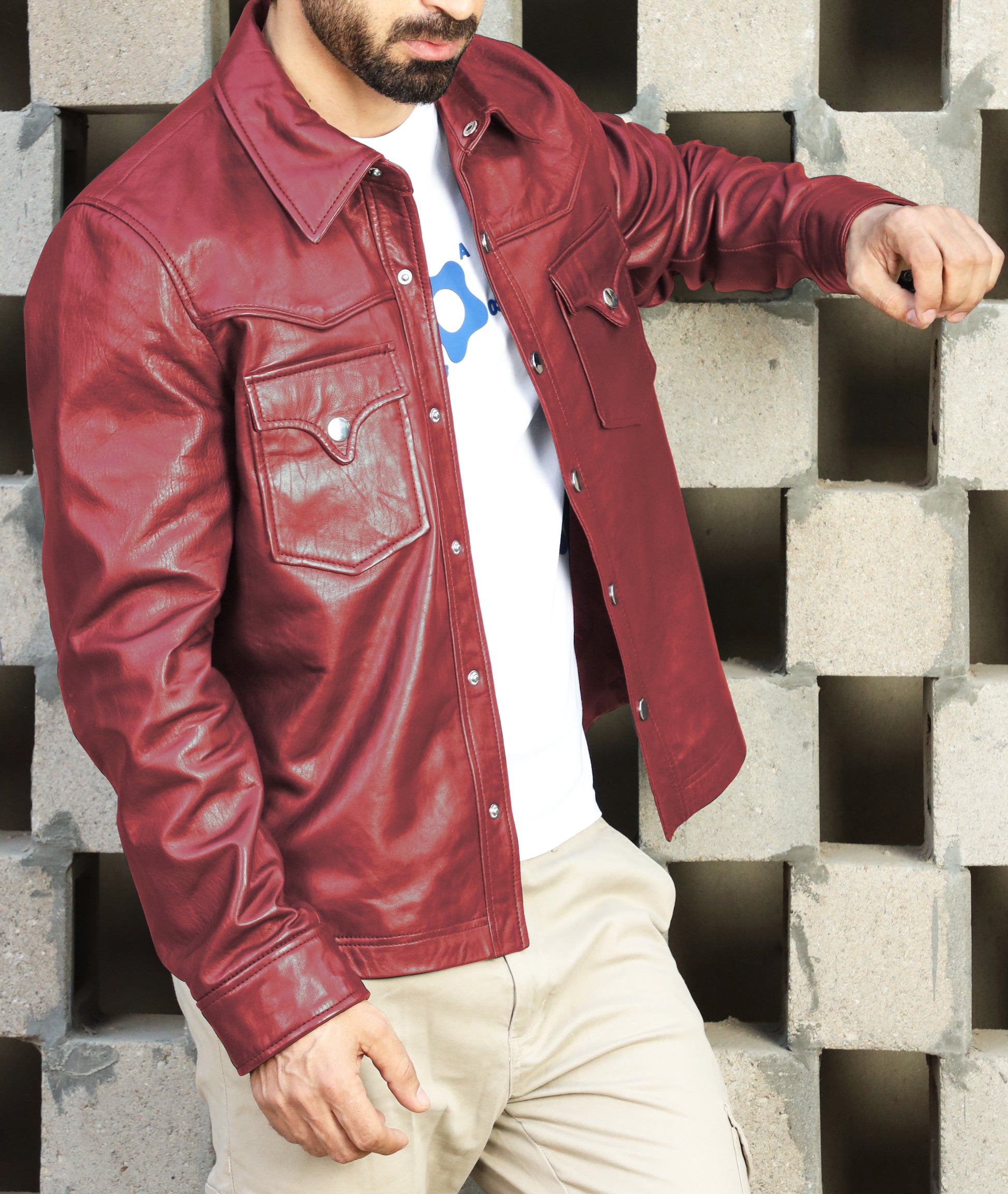 Leather Shirt - Lambskin Leather Blazer Men (Burgundy)