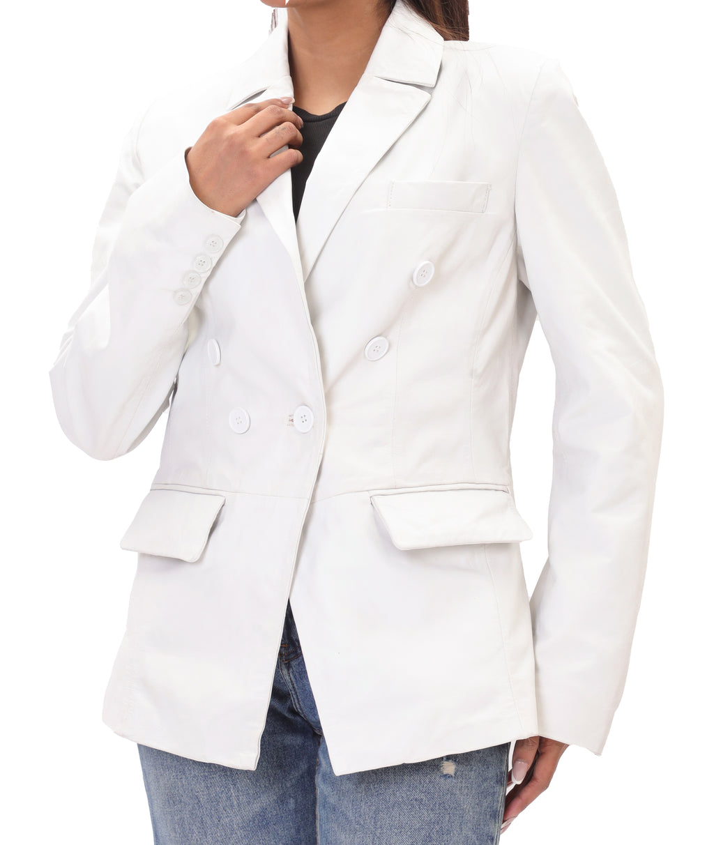 Double Breasted Fancy Buttons Lambskin Leather Blazer (White)