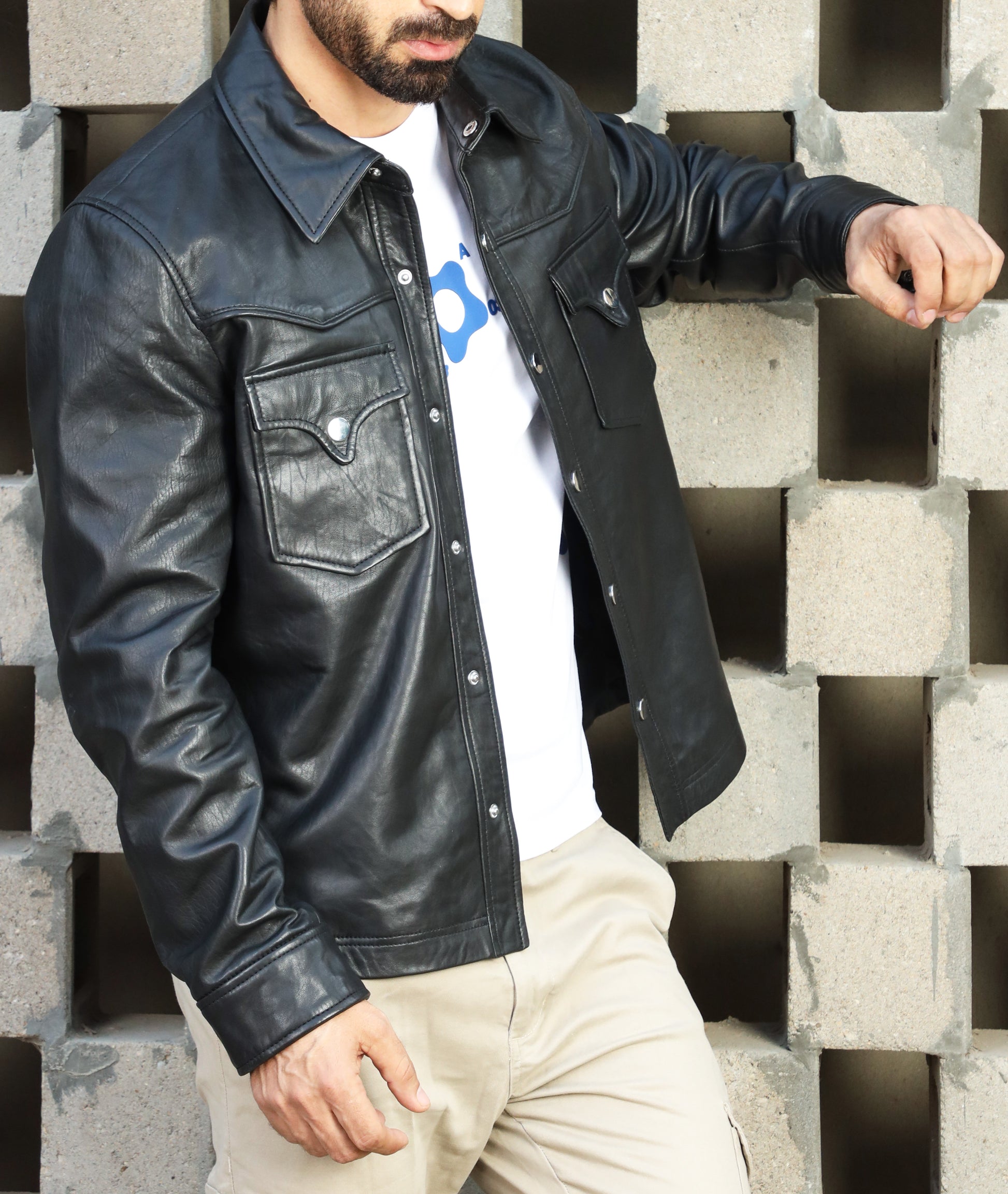 Leather Shirt - Lambskin Leather Blazer Men (Black)