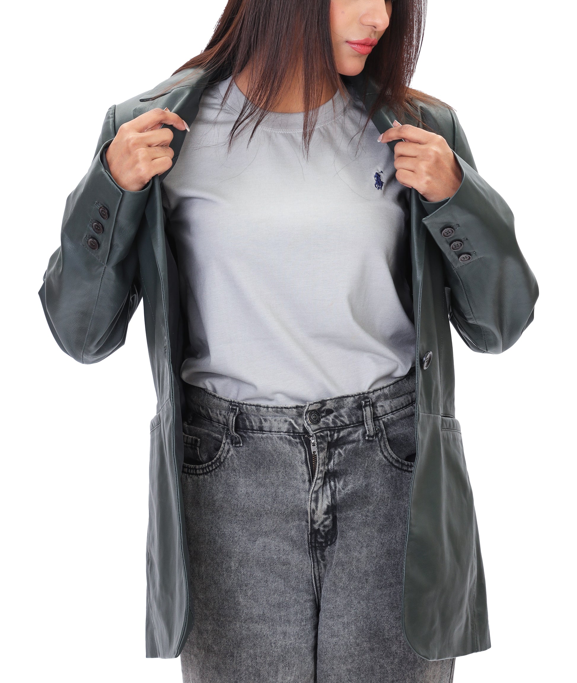 Classic 2-Button Lambskin Leather Blazer (Green)