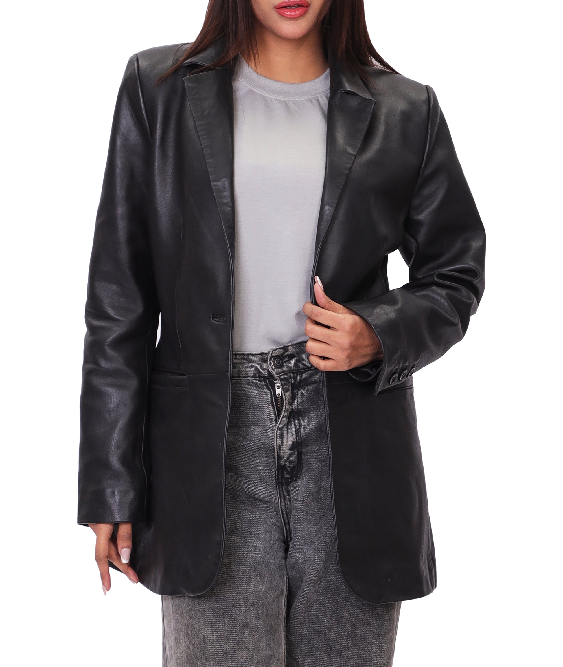 Classic 2-Button Lambskin Leather Blazer (Black)