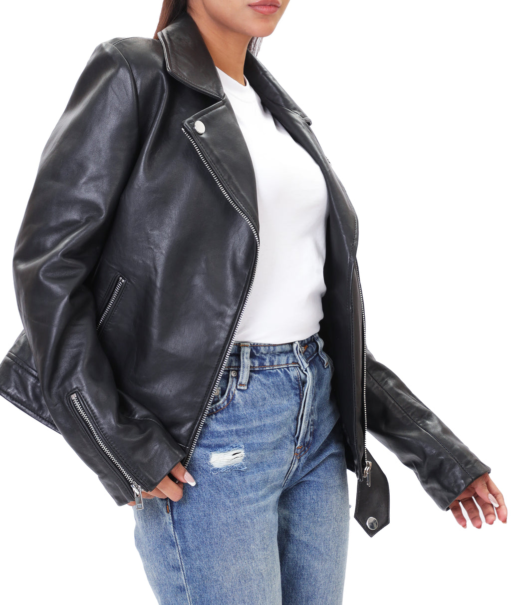 Biker Style Vintage Leather Jacket Women | Zipper (Black)