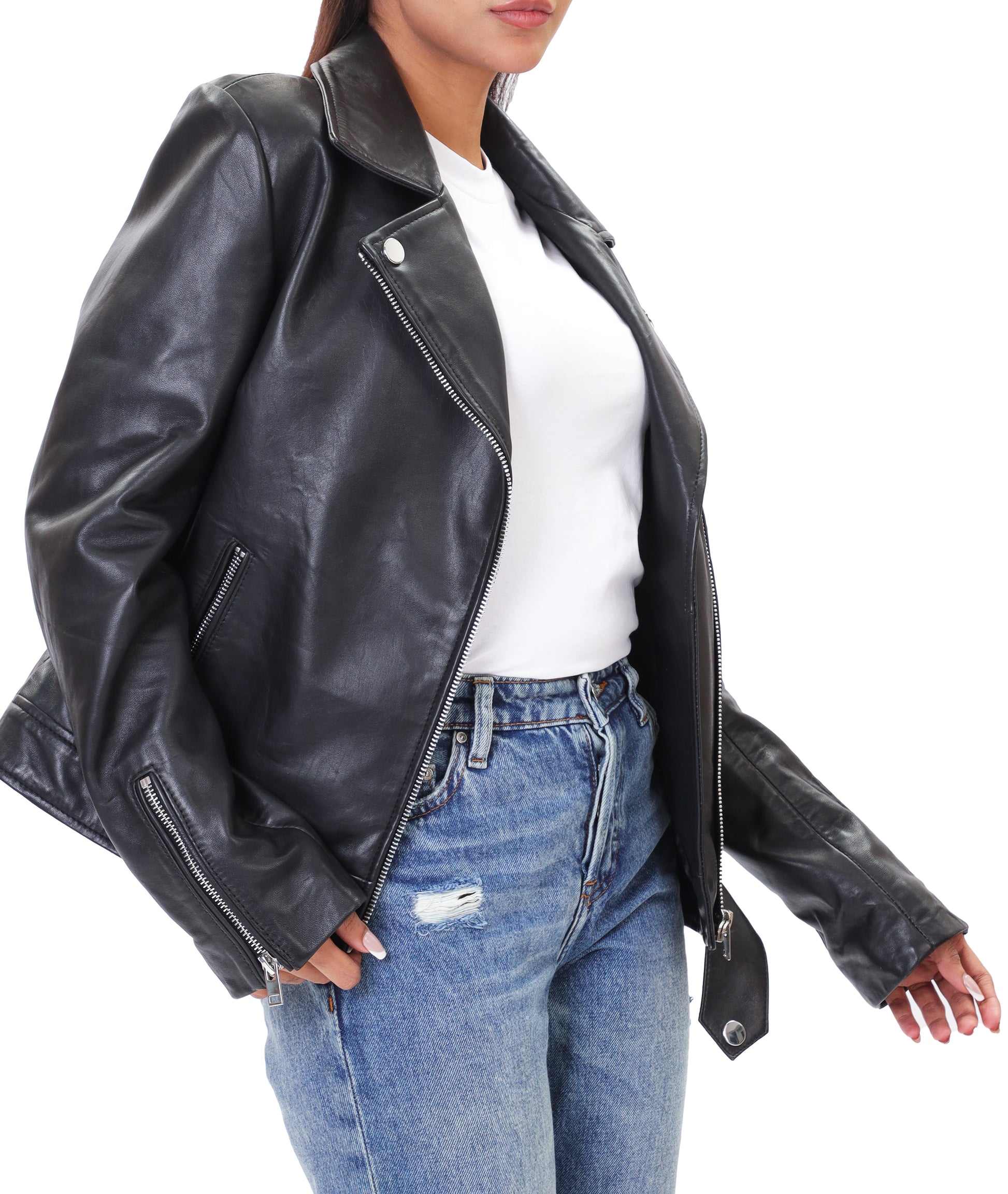 Biker Style Vintage Leather Jacket Women | Zipper (Black)