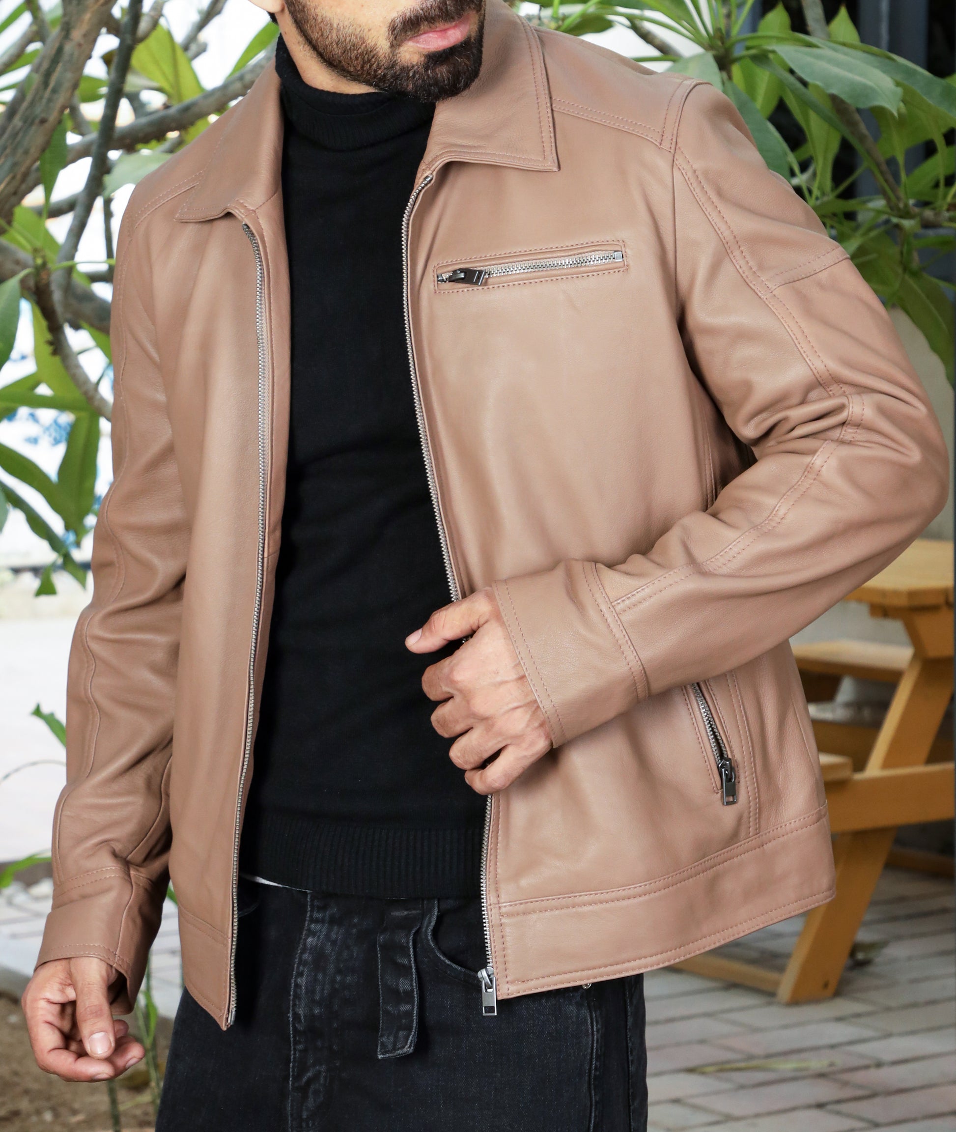 Polo Collar Premium Leather Jacket (Tan)