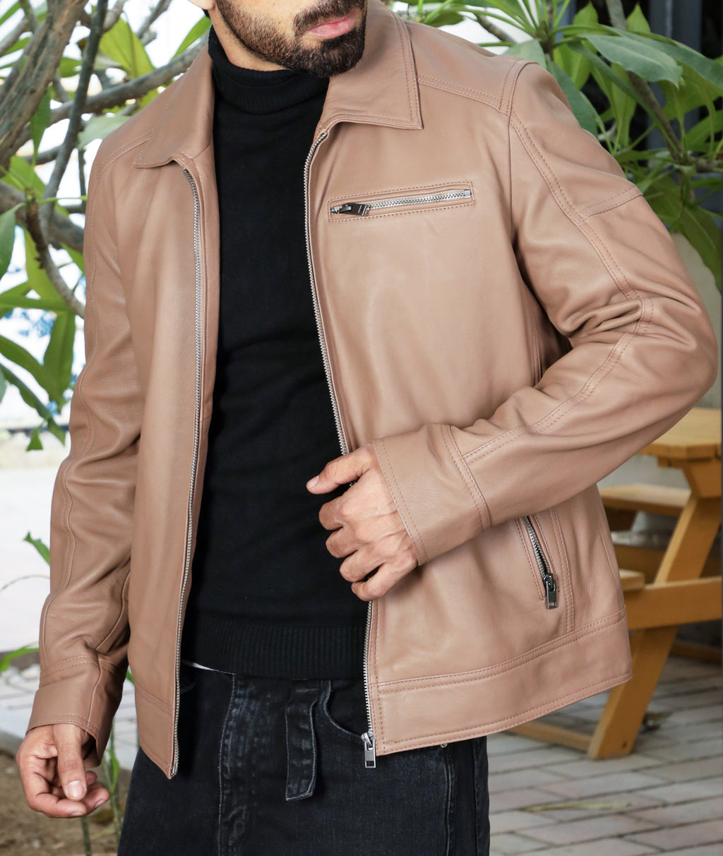 Polo Collar Premium Leather Jacket (Tan)