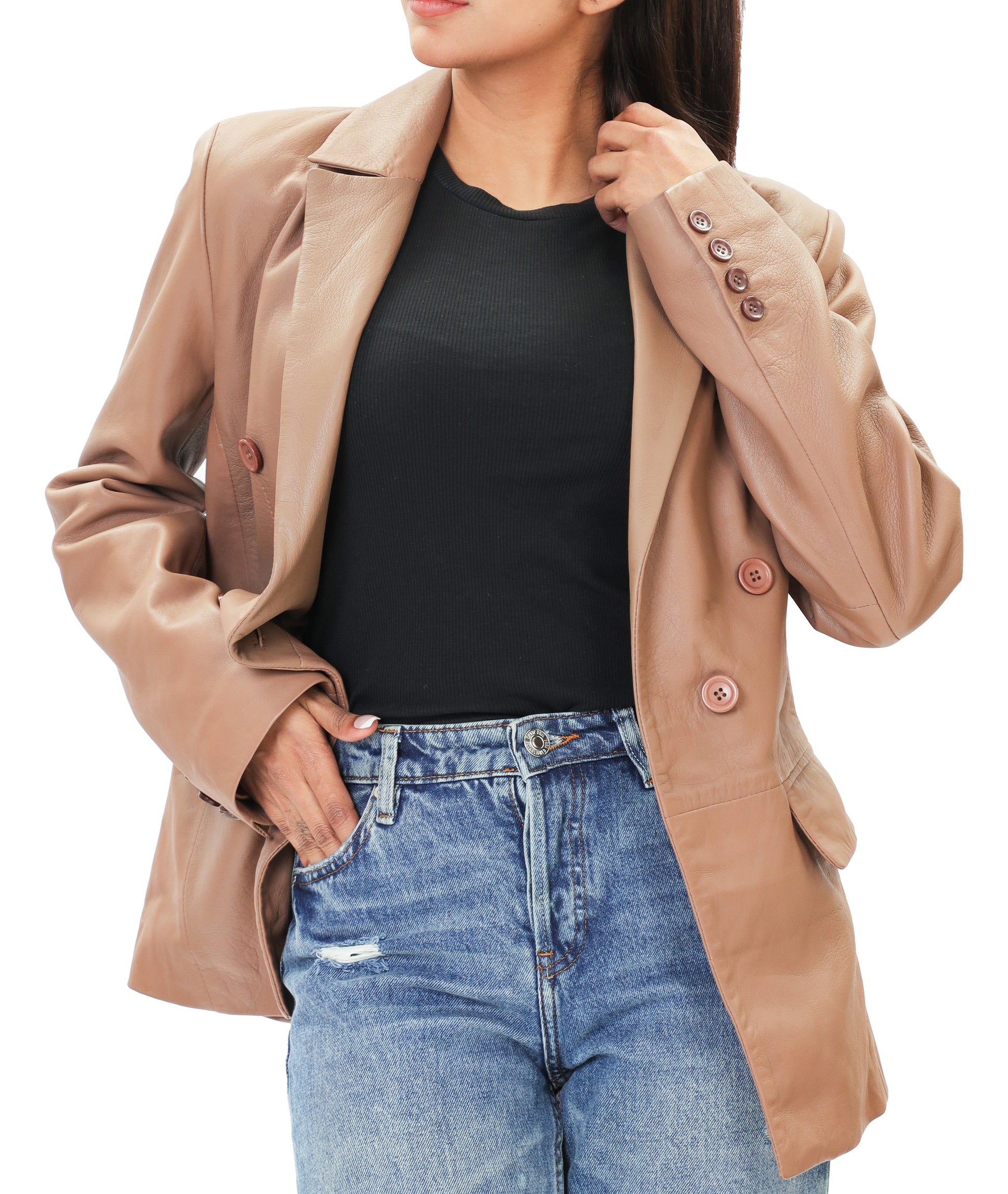 Double Breasted Fancy Buttons Lambskin Leather Blazer (Tan)