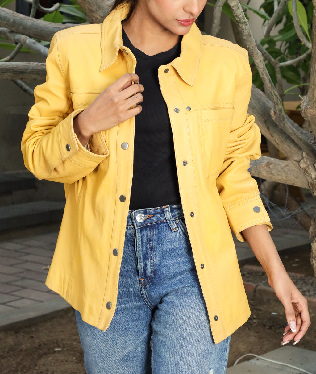 Button Front Lambskin Leather Blazer (Yellow)