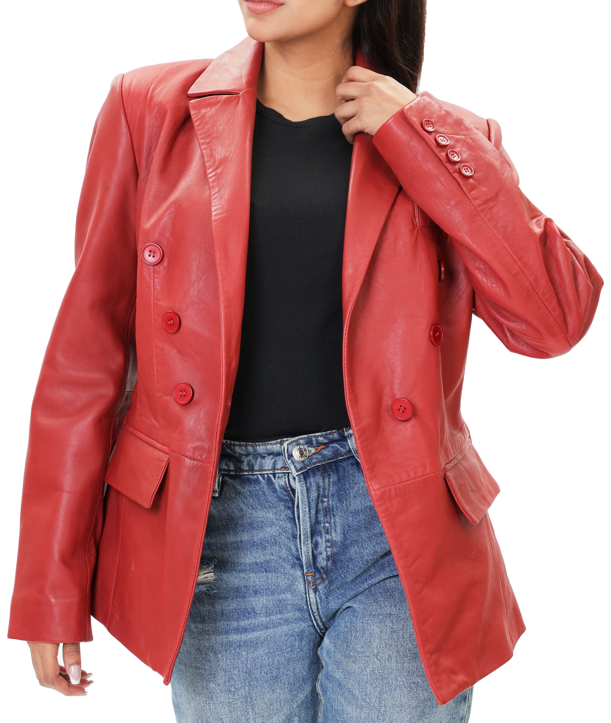Double Breasted Fancy Buttons Lambskin Leather Blazer (Red)