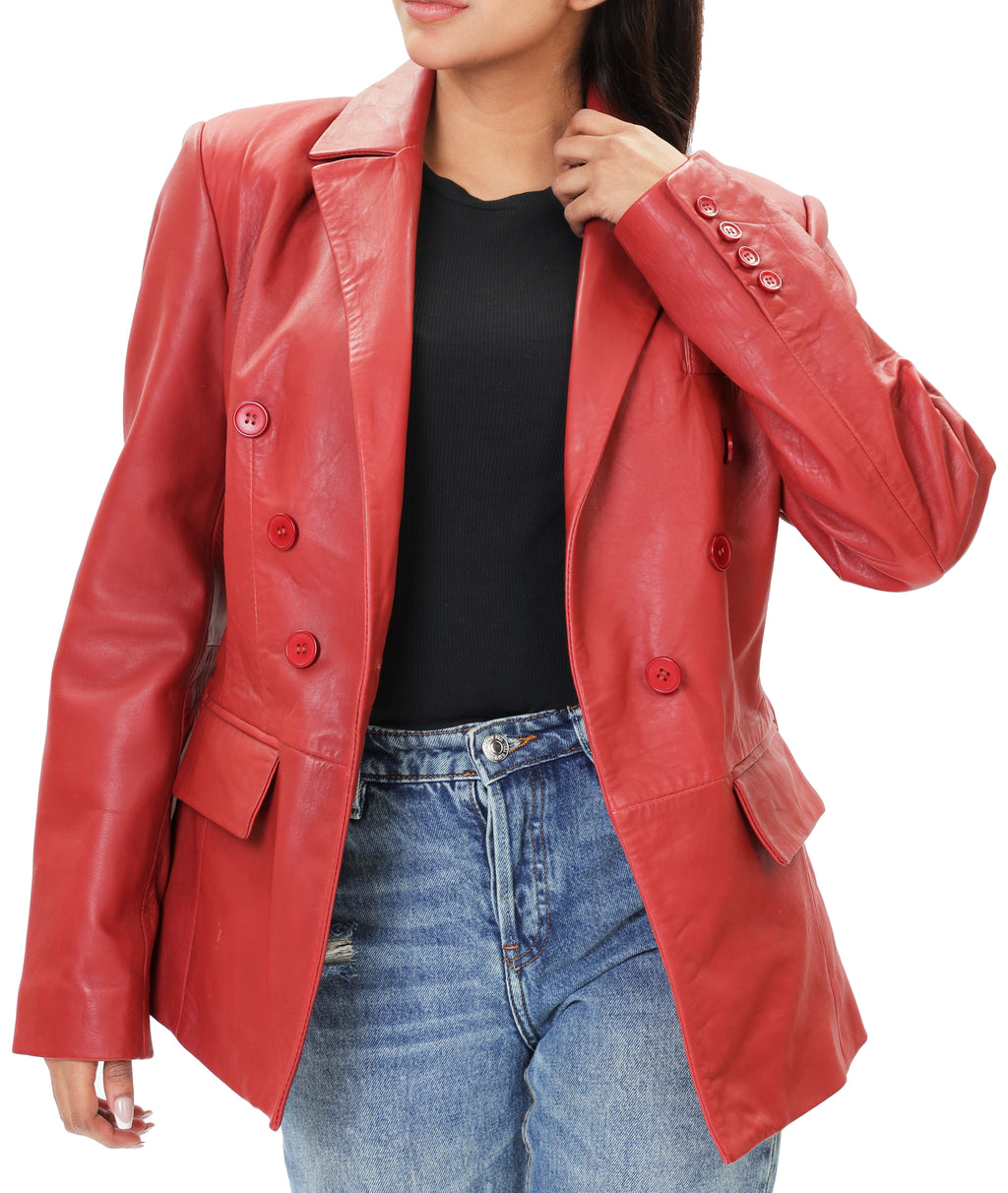 Double Breasted Fancy Buttons Lambskin Leather Blazer (Red)