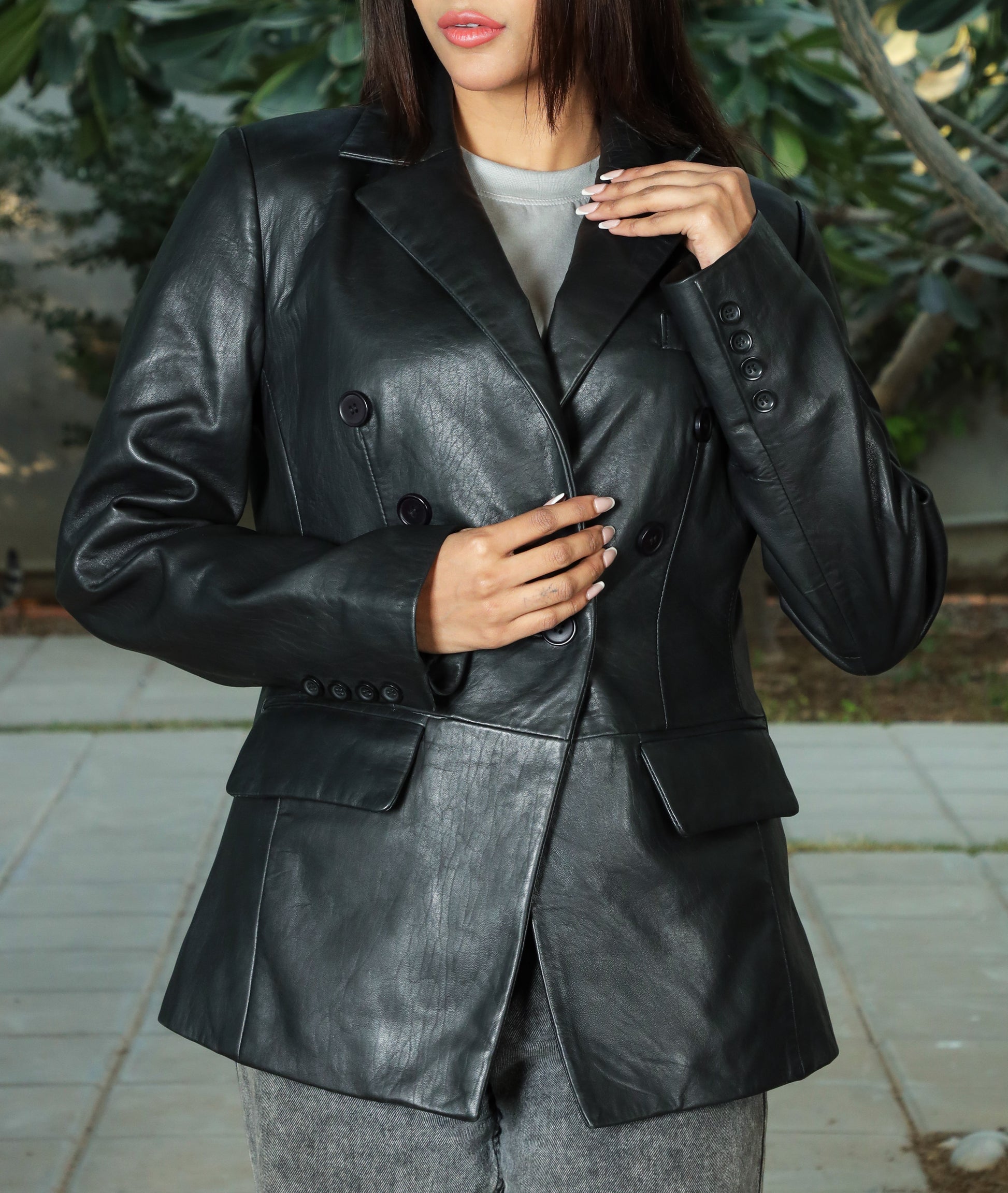 Double Breasted Fancy Buttons Lambskin Leather Blazer (Black)
