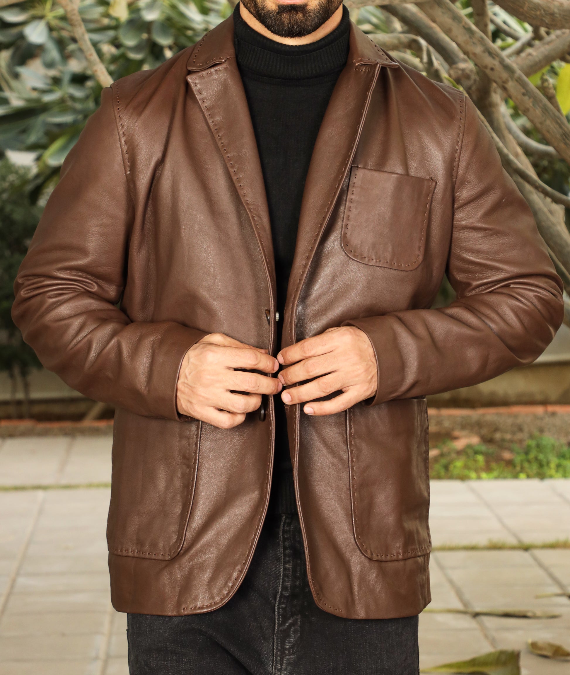 Lambskin Leather Blazer Men Casual Coat (Brown)