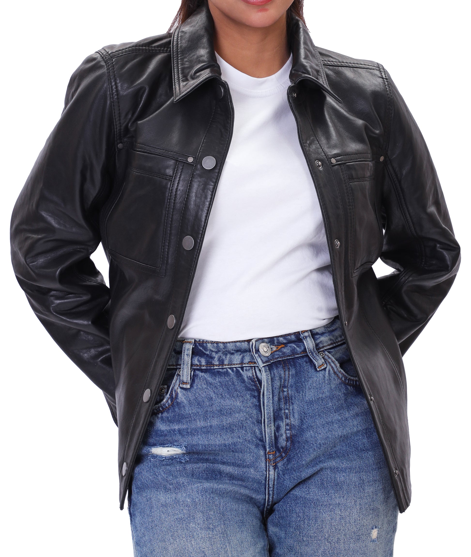 Button Front Lambskin Leather Blazer (Black)