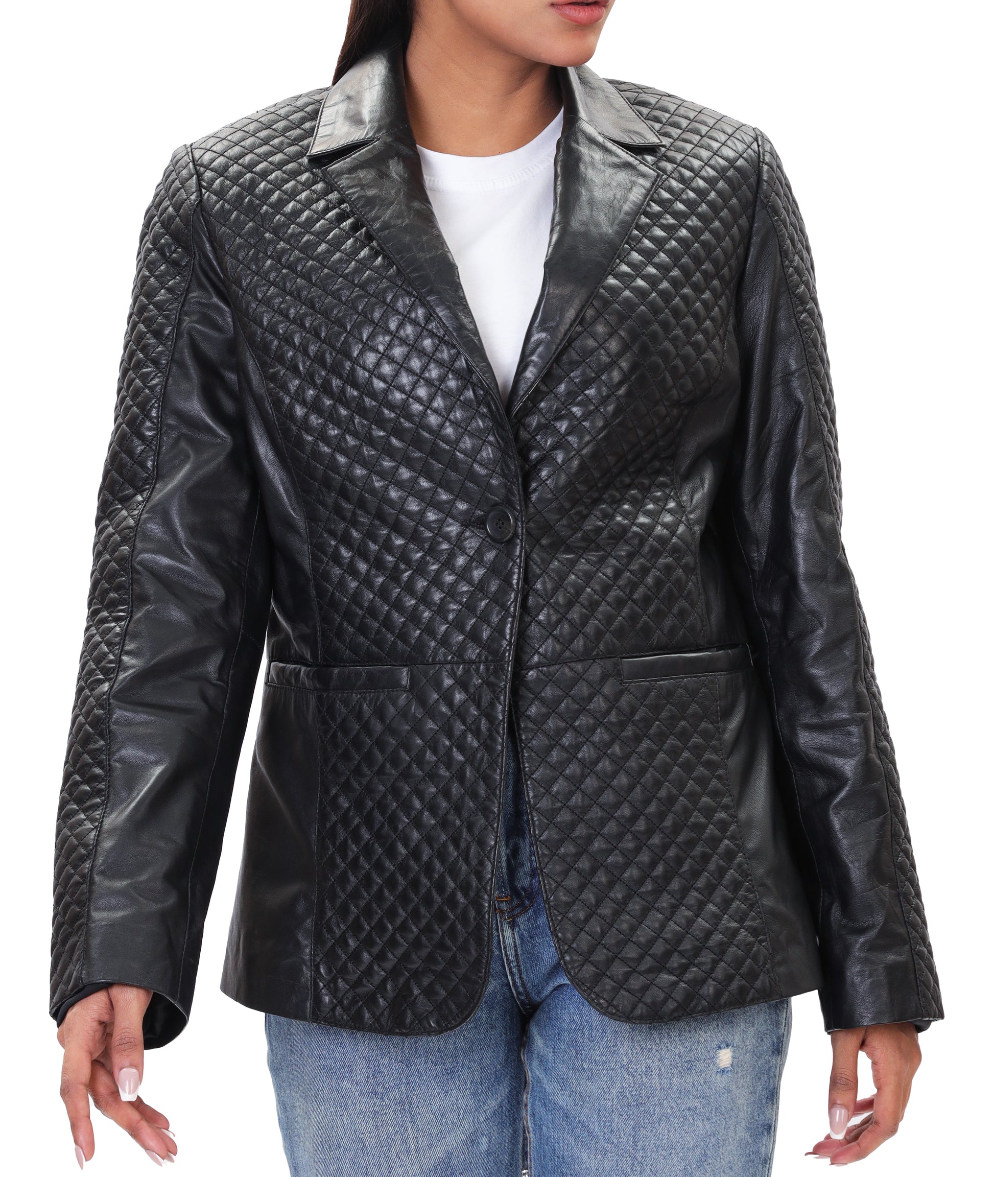 Quilted Front Lambskin Leather Blazer (Black)