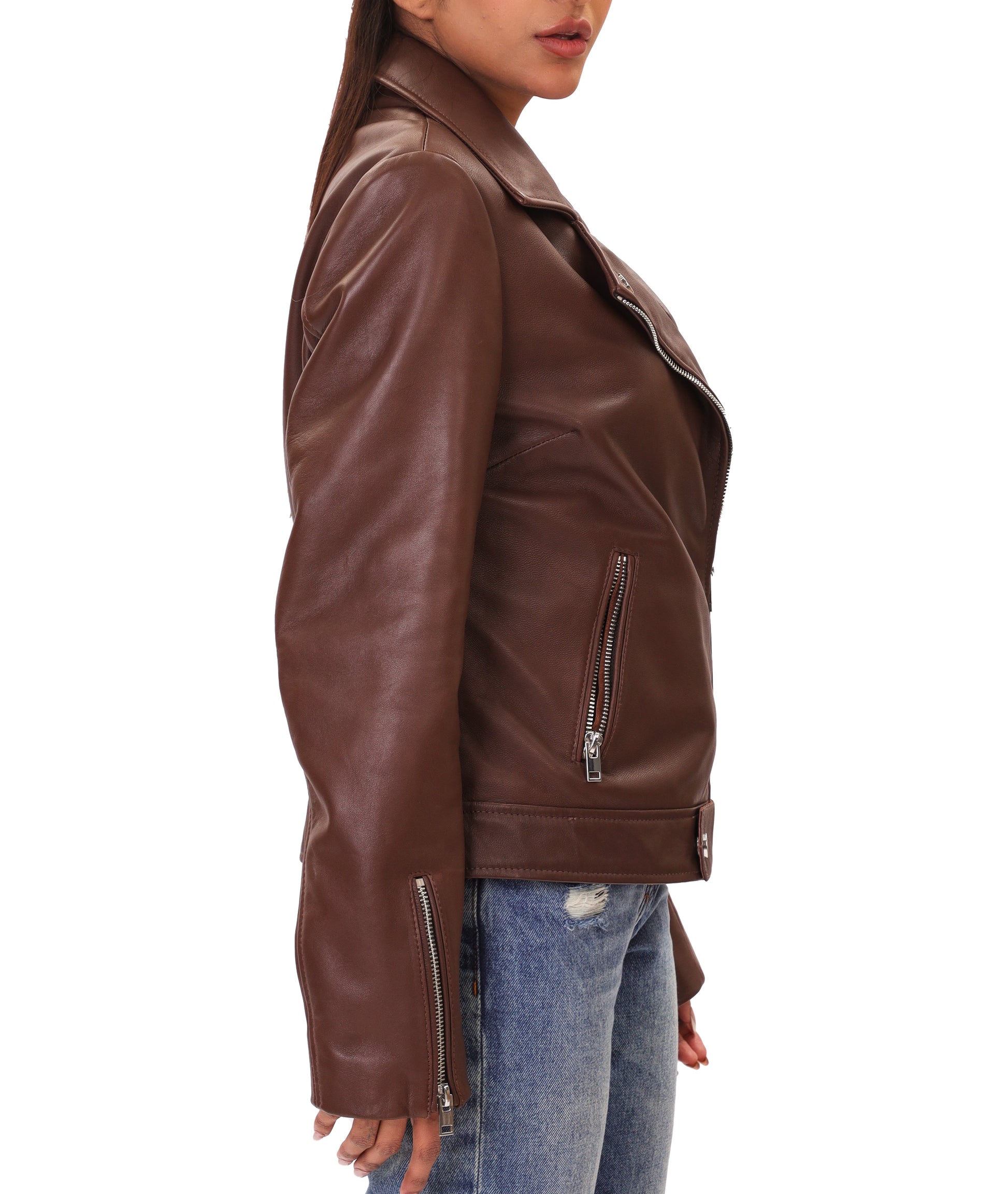 Biker Style Vintage Leather Jacket Women | Zipper (Brown)