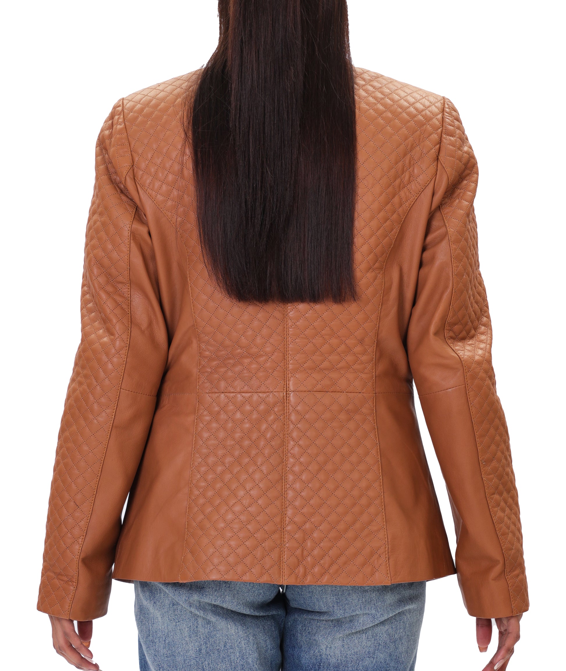 Quilted Front Lambskin Leather Blazer (Cognac)