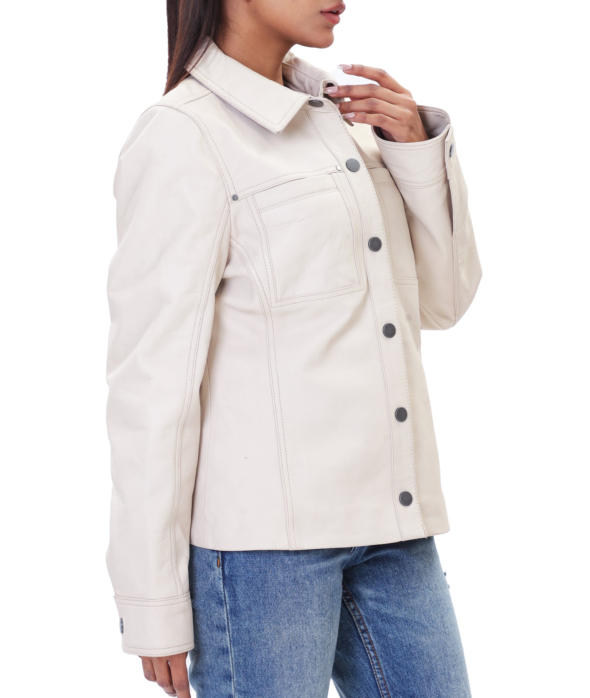 Button Front Lambskin Leather Blazer (Ash White)